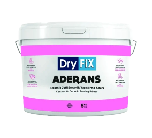 Aderans Seramik Üstü Seramik Yapıştırma Astarı Dryfix Aderans, seramik üstü seramik uygulamaları için özel olarak geliştirilmiş, polimer esaslı ve kullanıma hazır bir astardır. Yüksek yapışma gücü sayesinde granit, mermer, porselen ve cam mozaik gibi düşük emişli yüzeylerde mükemmel tutunma sağlar. Hızlı kuruyan, solvent içermeyen ve kolay uygulanabilen formülü ile hem iç hem dış mekanlarda güvenli ve uzun ömürlü kaplama imkanı sunar.